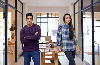 Buy stock photo People, portrait and designer with confidence for teamwork, fashion or creative startup together at the office. Man and woman or colleagues in pride for professional career or job at the workplace