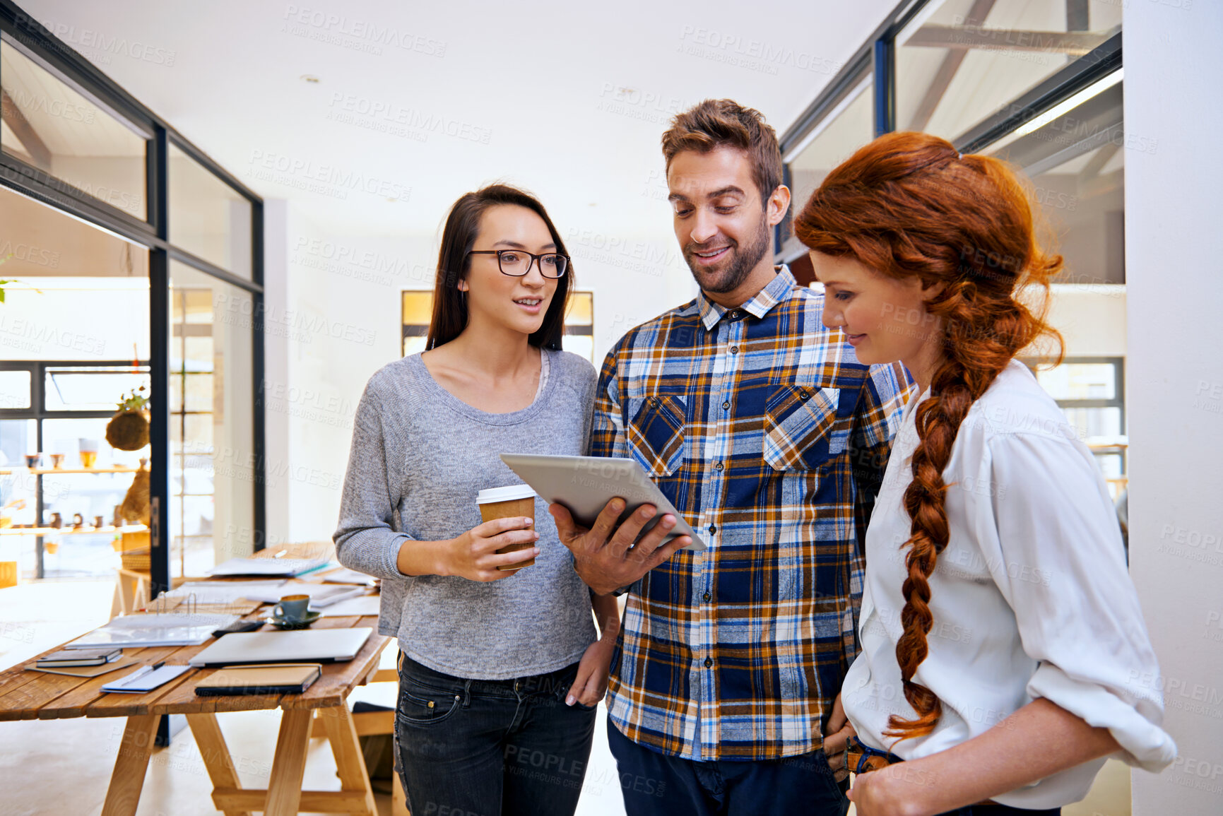 Buy stock photo Tablet, planning or designers in startup for teamwork or collaboration with technology in creative company. Discussion, colleagues or group of people in a business with diversity on project or job