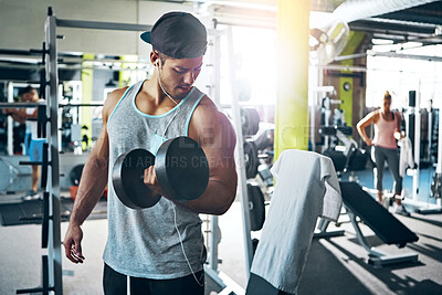 Buy stock photo Man, earphones and weights in gym for weightlifting, power training and competition fitness with audio. People, bodybuilder and dumbbells at sports club for muscle strength, biceps growth and podcast