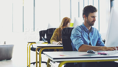 Buy stock photo Computer, startup or serious man in office thinking for cybersecurity, app coding or networking. Focus, developer or employee typing on tech for software code, programming or website server review