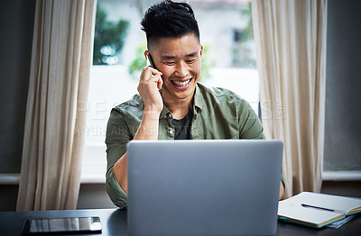 Buy stock photo Work from home, phone call or man with laptop for contact, client feedback or firewall system project. Happy, positive review or asian person with pc for security program development, talk or mobile
