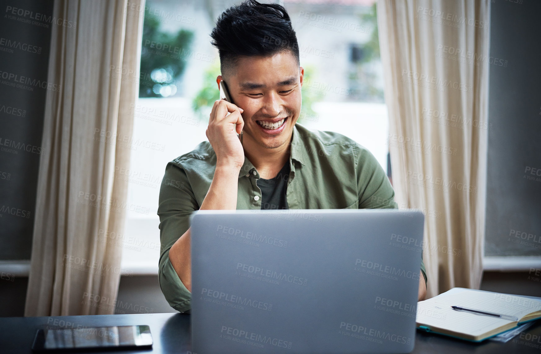 Buy stock photo Work from home, phone call or man with laptop for contact, client feedback or firewall system project. Happy, positive review or asian person with pc for security program development, talk or mobile