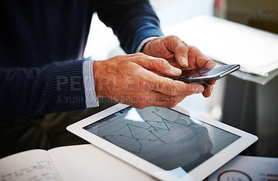 Buy stock photo Typing, tablet screen or hands with phone for stock market, monitor value or company shares performance. Tech, trading stats or mature business person with investment chart, economy data and research