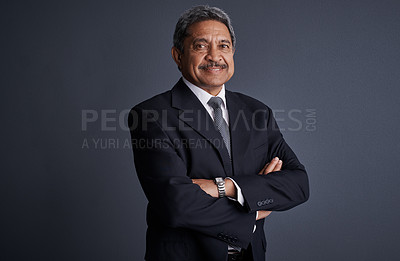 Buy stock photo Mature, happy man and portrait with lawyer in studio for legal advice on a gray background. Businessman, attorney or arms crossed with smile or confidence for law firm or legislation service on space