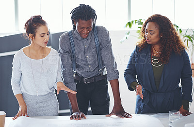 Buy stock photo Team, plan and architect with blueprint, office and discussion for architecture with creative design. Colleagues, meeting and people with documents for property development, talking and collaboration
