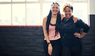 Buy stock photo People, friends and portrait for fitness at gym with discussion, training advice and funny joke. Smile, women and conversation with embrace, exercise break and bonding together for recovery wellness