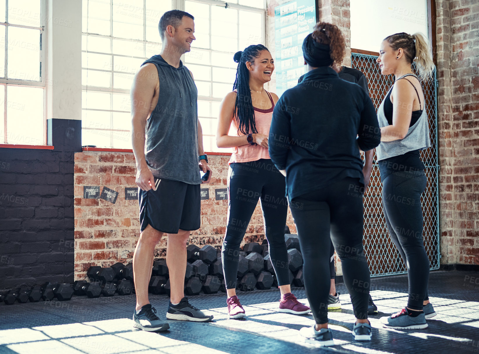 Buy stock photo Class, fitness and happy with people in gym for workout, athlete coaching and bodybuilder. Training community, exercise club and personal trainer with friends in sports center for learning and health