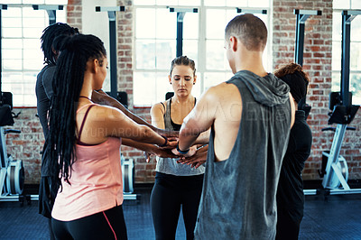 Buy stock photo Stack of hands, sports and group of people in gym with workout, wellness and training with goal success. Together, achievement and athletes with exercise for health or challenge in fitness center.