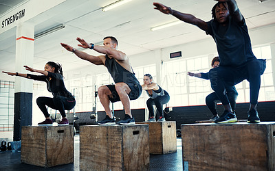 Buy stock photo Class, training and squat with people on box for workout, gym equipment and bodybuilder. Wellness, exercise club and plyometric fitness with group of friends in sports center for platform and health
