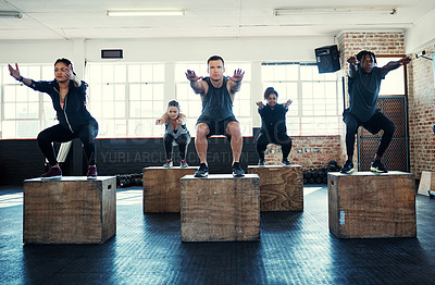 Buy stock photo Class, exercise and squat with people on box for workout, gym equipment and bodybuilder. Wellness, fitness club and plyometric training with group of friends in sports center for platform and health