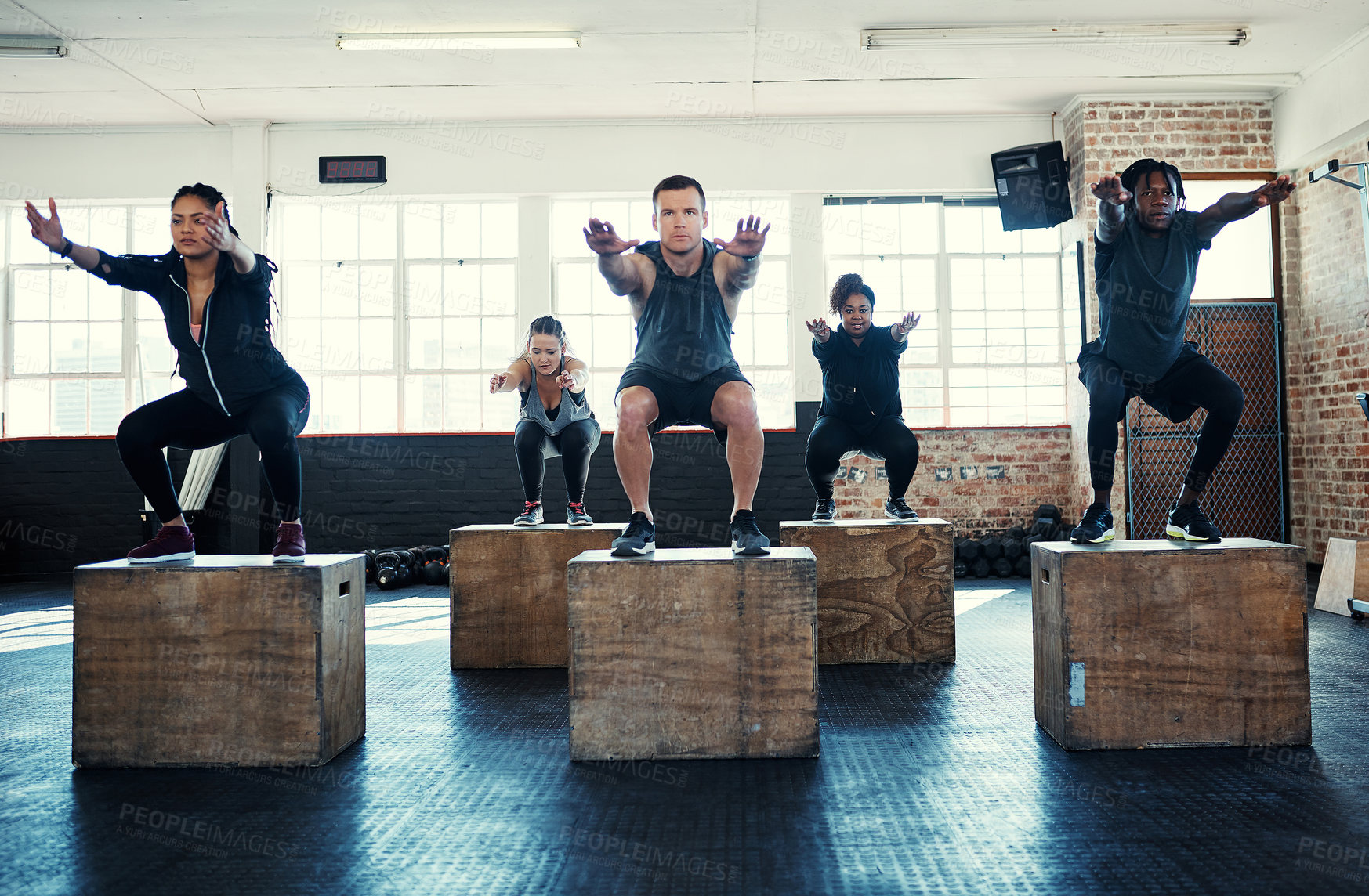 Buy stock photo Class, exercise and squat with people on box for workout, gym equipment and bodybuilder. Wellness, fitness club and plyometric training with group of friends in sports center for platform and health