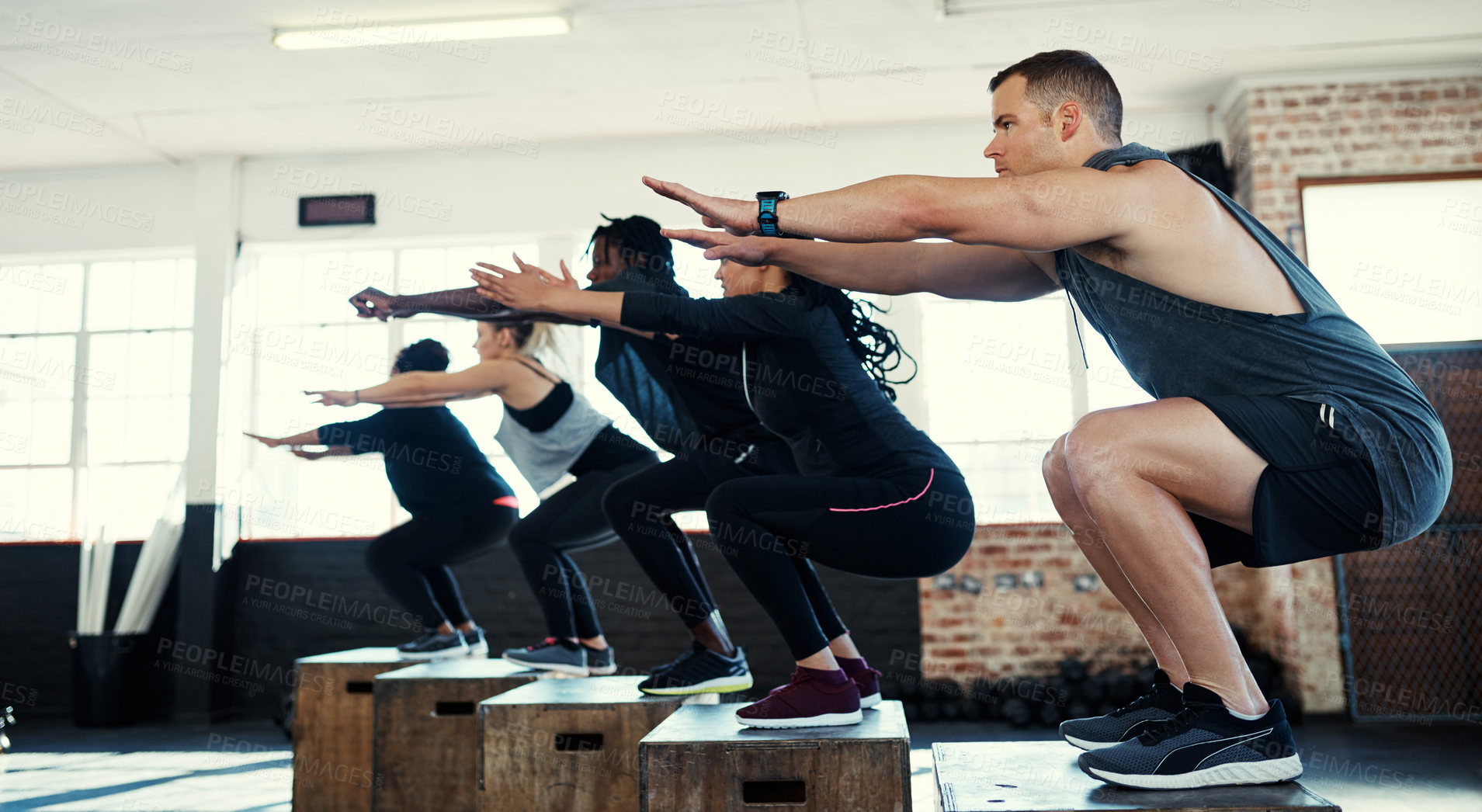 Buy stock photo Class, workout and squat with people on box for fitness, gym equipment and bodybuilder. Wellness, exercise club and plyometric training with group of friends in sports center for platform and health