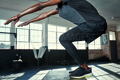 Buy stock photo Gym, jump and man with box for exercise routine, fitness and training for endurance. Sports club, legs and person with platform for workout, cardio and challenge for health, wellness and balance