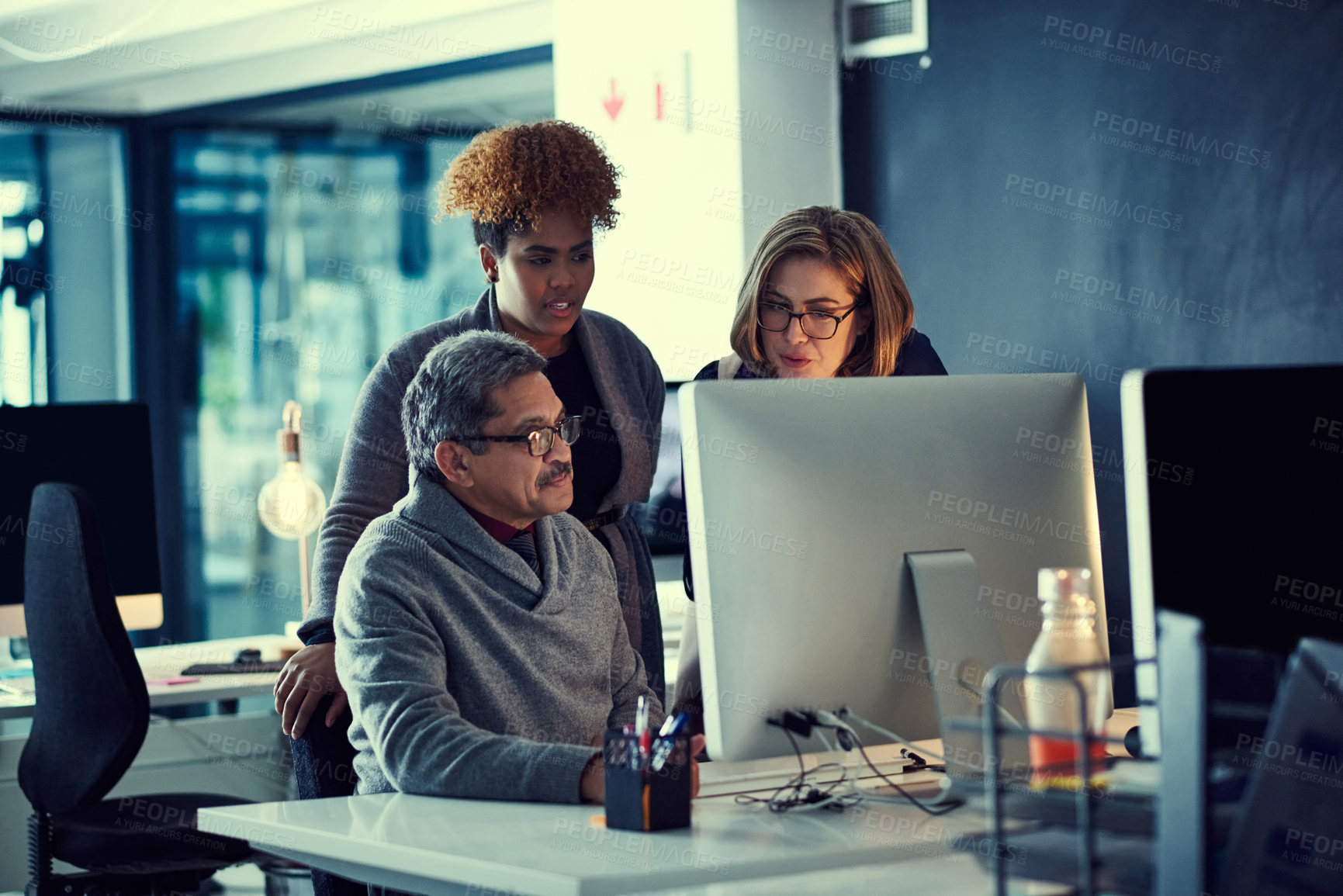 Buy stock photo Planning, teamwork and business people in office, computer for online column and ideas for project. Talking, journalist and employees with pc, creativity or email for news report and article deadline