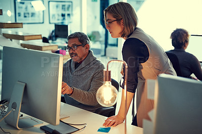 Buy stock photo People, editor and computer with advice in office for news headline, research question or guidance. Assistance, journalist or mentor with PC at publishing agency for draft review and article teamwork