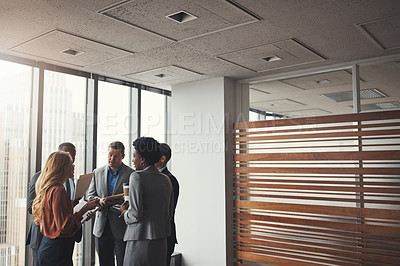 Buy stock photo Business people, meeting and discussion with team in boardroom for project planning or briefing. Group, employees or colleagues with collaboration for corporate proposal or ideas together on space
