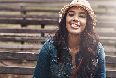Buy stock photo Relax, smile and woman outdoor for fashion, summer style or natural aesthetic with portrait. Trendy, park bench and happy girl with casual clothes, sustainable outfit or hat with confidence in Brazil