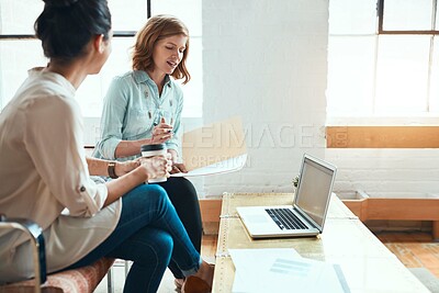 Buy stock photo Paperwork, laptop and business women with advice, discussion or analysis for event planning. Computer, organizer and people in meeting with folder for venue chart, schedule and team in office