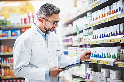 Buy stock photo Pharmacist, man and clipboard with shelf inspection for inventory, pills quantity and product info. Professional, mature person and stock count checklist in pharmacy for drugs accuracy or expiry date