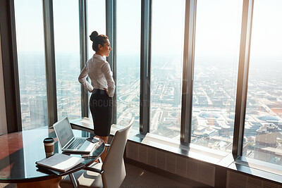Buy stock photo Window, employee and woman in office, thinking and ideas for career development, happy or ambitious. Corporate, reflection and person with smile for business growth, wonder and investment opportunity