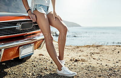 Buy stock photo Woman, legs and beach with car for vacation, travel stop or outdoor adventure at destination. Female person, traveler or break with vehicle for summer holiday, road trip or journey by ocean coast