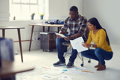 Buy stock photo Paperwork, reading or business people with tablet in office, web traffic or market research review. Search engine data, tech or staff with stats report for planning, growth trend or media engagement