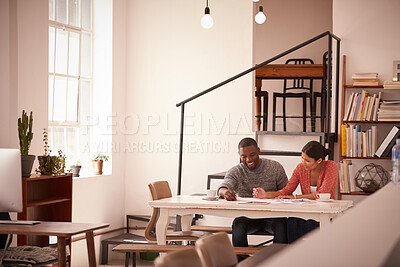 Buy stock photo Team, smile and documents with business people in office for meeting, account planning or research. Budget discussion, project funding and partnership with employees in agency for review and feedback