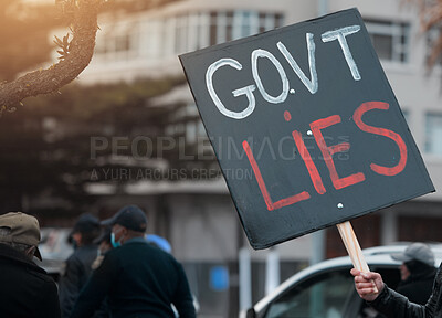 Buy stock photo Protest, poster and people in street for government corruption, crime and money laundering with activism. Crowd, board and opinion for justice, politics and rally on metro sidewalk to fight fraud