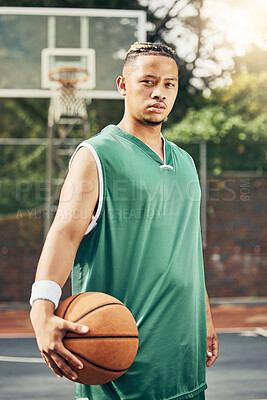 Buy stock photo Basketball portrait, sports game and man training for professional fitness event on court during summer. African athlete with determination doing cardio during sport exercise for competition 