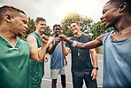 Basketball, sport and motivation with a team and sports coach after a game or practice on a court outdoor. Collaboration, teamwork and fitness with a group outside for exercise, workout and health