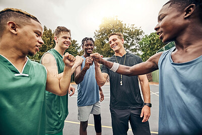 Buy stock photo Basketball, sport and motivation with a team and sports coach after a game or practice on a court outdoor. Collaboration, teamwork and fitness with a group outside for exercise, workout and health