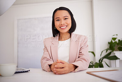 Buy stock photo Business woman, asian and boss or ceo of a company at office desk with a smile and pride for career choice and achievement. Portrait of a female entrepreneur and leader happy about startup success
