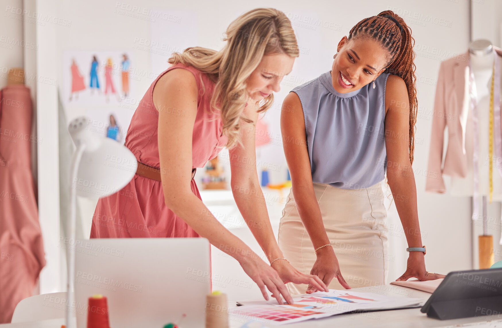 Buy stock photo Fashion, design and team working, planning and creative thinking for range creation in their office, happy and content. Diversity, partnership and teamwork by women discuss, choose and fabric color