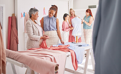 Buy stock photo Fashion, team and design planning, teamwork and support with material, creative and collaboration in a workshop. Cloth, fabric and texture in designer small business with group working in a studio