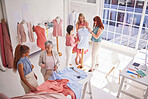 Fashion, designer and fabric with business people in workshop studio for creative, manufacturing and luxury. Retail, boutique and textile with women in factory for planning, pattern and tailor