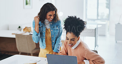 Buy stock photo Success, teamwork and laptop with business women in office for congratulations, celebration and winner. Promotion, growth and target with people in creative agency for achievement, profit and goals