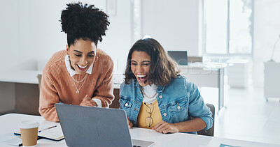 Buy stock photo Success, teamwork and excited with business people and laptop for congratulations, celebration or winner. Promotion, news and target with women in office for achievement, profit or goals together