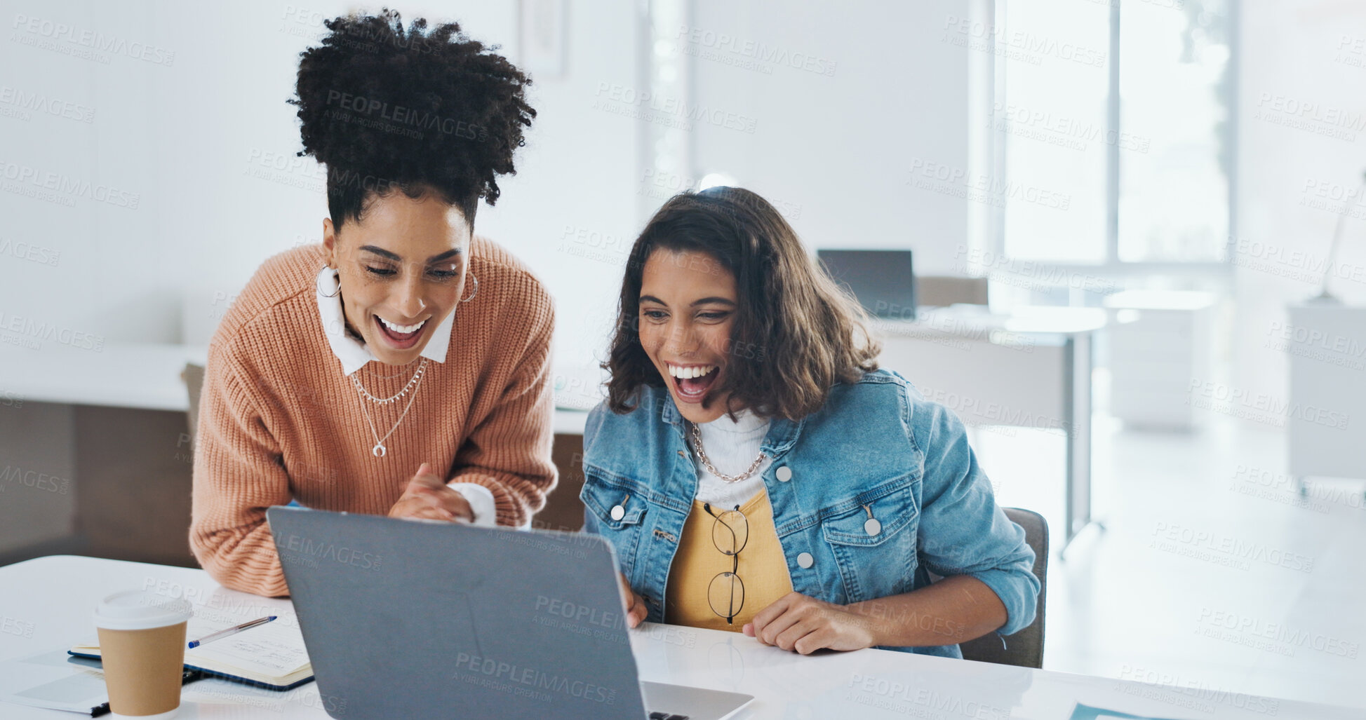 Buy stock photo Success, teamwork and excited with business people and laptop for congratulations, celebration or winner. Promotion, news and target with women in office for achievement, profit or goals together