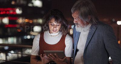 Buy stock photo Tablet, rooftop and professional people reading email communication, agenda or working late on online collaboration. Night, personal assistant and mature boss teamwork on social media research report