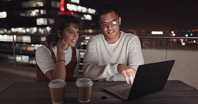 Buy stock photo Phone, night and business woman in city, reading email or networking on social media. Smartphone, creative and serious professional outdoor on internet, typing and communication on mobile app bokeh