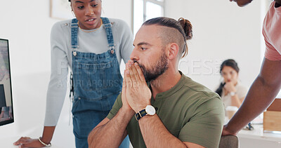 Buy stock photo Business people, stress and leader with employees, teamwork and coaching with ideas. Staff, group and manager with anxiety, project deadline or review with feedback, support and burnout with planning