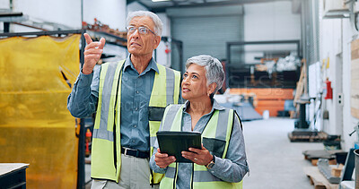 Buy stock photo People, engineer and explain with tablet at factory for planning, supply chain and inventory management. Mature staff, team and digital for manufacturing, logistics feedback and production checklist