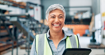 Buy stock photo Woman, engineer and portrait in factory with tablet, distribution schedule and happy in business. Mature operator, tech and smile in warehouse for software, industrial plant or automation development