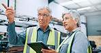 People, engineer and pointing with tablet at factory for planning, supply chain and inventory management. Mature staff, team and digital for manufacturing, logistics feedback and production checklist