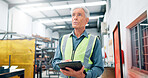 Man, engineer and thinking with tablet for distribution, manufacturing schedule and problem solving. Mature operator, tech and idea in factory for inspection, industrial plant and automation software