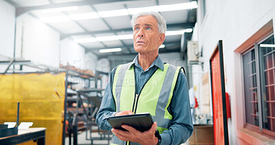 Buy stock photo Man, engineer and thinking with tablet for distribution, manufacturing schedule and problem solving. Mature operator, tech and idea in factory for inspection, industrial plant and automation software