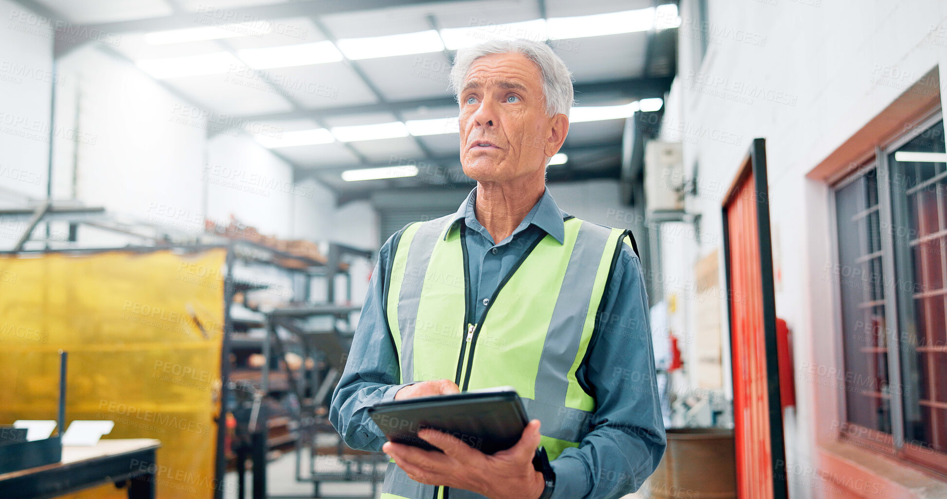Buy stock photo Man, engineer and thinking with tablet for distribution, manufacturing schedule and problem solving. Mature operator, tech and idea in factory for inspection, industrial plant and automation software