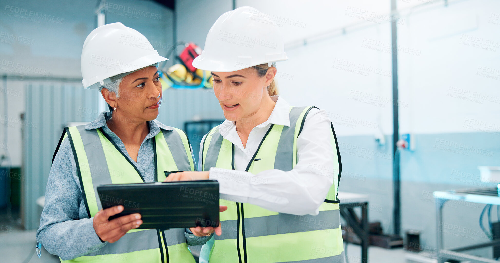 Buy stock photo Women, robotics and planning in factory, tablet and conversation with software update. Employees, engineering and people in lab, technician or teamwork with app, design review or configuration system