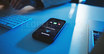 Buy stock photo Incoming call, alert or office with phone screen with private number or icon for phishing scam contact. Person, night and hacker with mobile connection, user display and technology for stalker ID