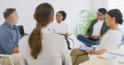 Buy stock photo Group, business and meeting with people in office for discussion, planning and article feedback. Staff, journalist and manager speaking for teamwork, interview questions and publication information